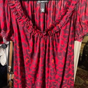 INC International Concepts Red and Black Leopard Ruffle-Neck Tunic